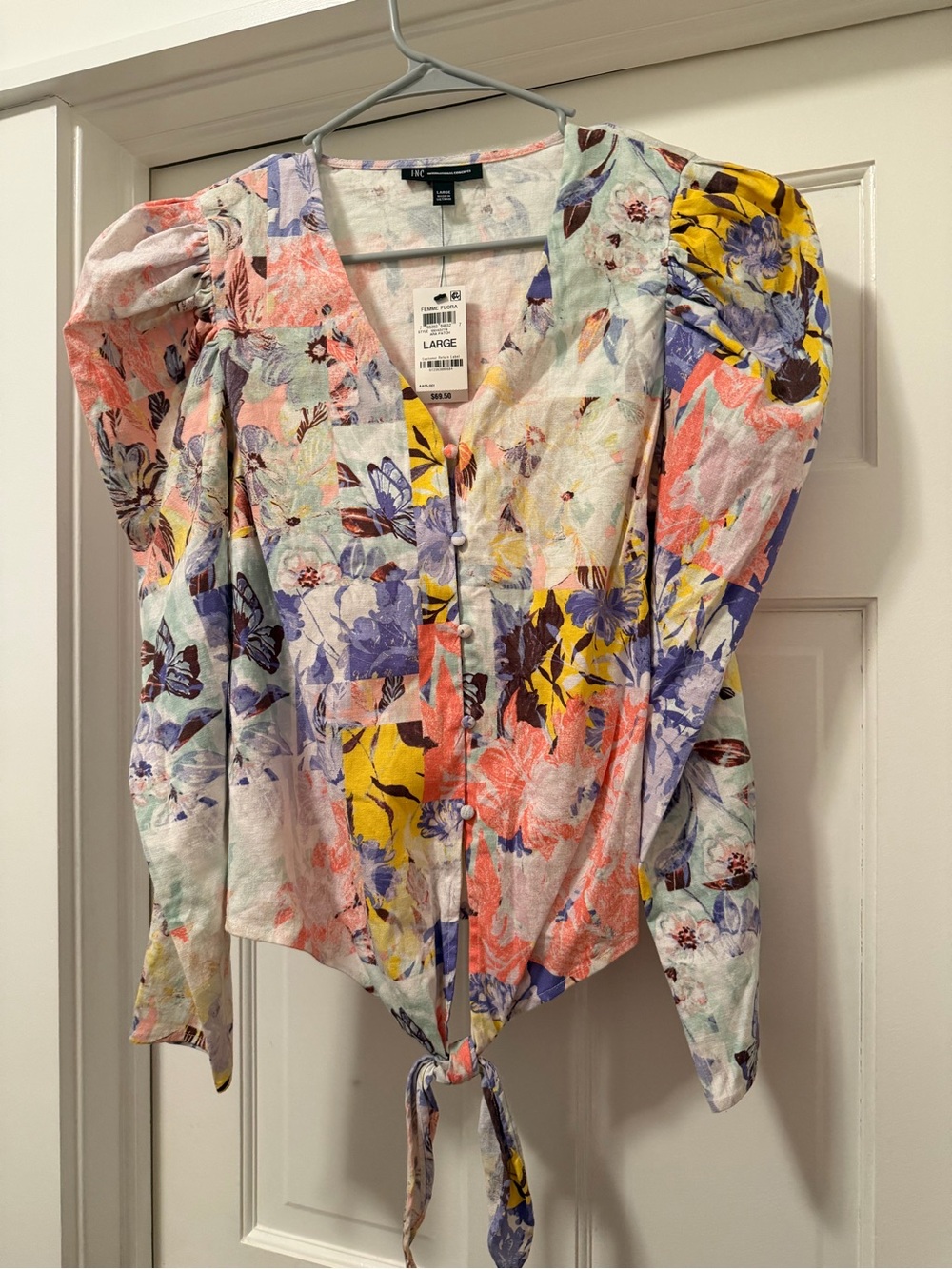 INC International Concept Floral Tie-Front Blouse in Yellow, Purple, Pink